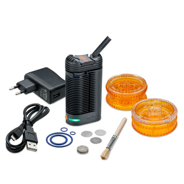 Storz & Bickel Crafty Plus with grinder, cleaning set. USB-C charger, and accessories.