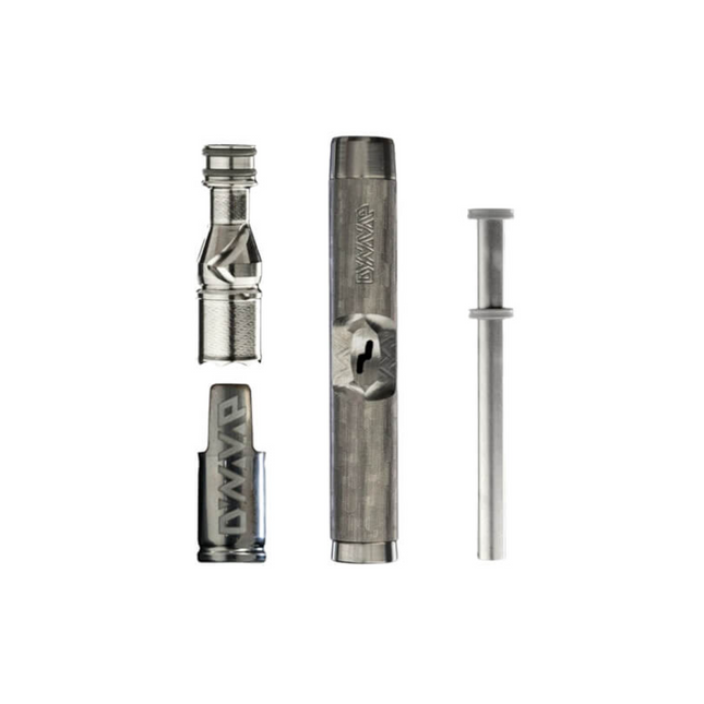 Dynavap M7 components, with chamber, cap, stem, and housing.