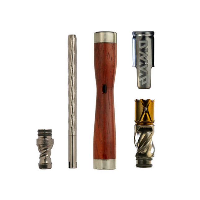 Dynavap Woodwynd components with stem, wooden housing, cap, and chamber.