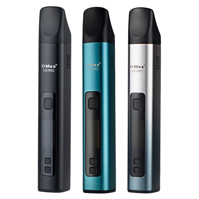 Xmax V3 Pro herb vaporizer in black, blue, and silver.